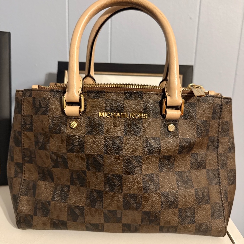 Michael Kors Tan and Brown Checkered Satchel - Picture 1 of 3